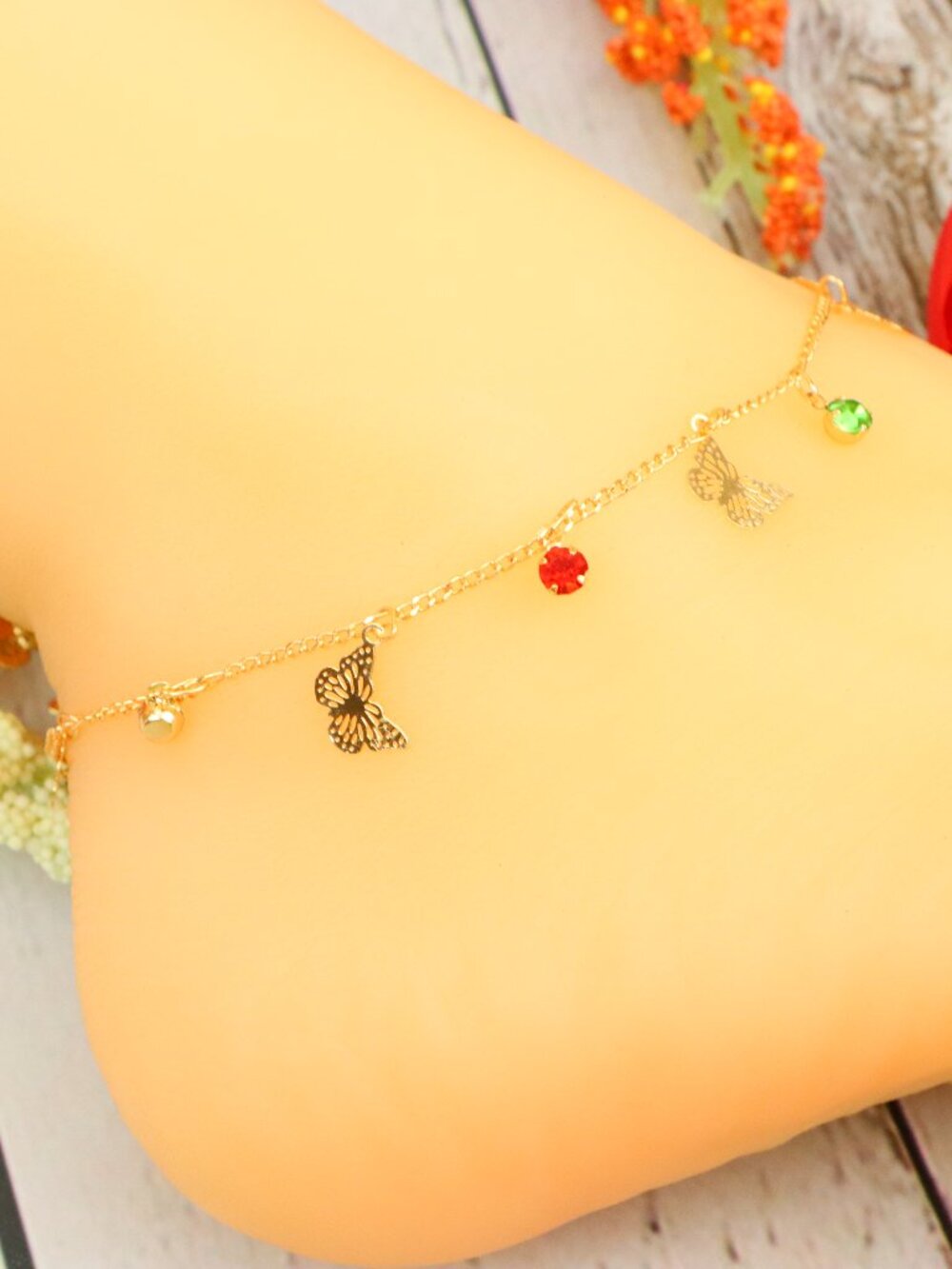 Gold Color Dainty Butterfly Charm Anklet CZ Multi-Color Foot Jewelry | WALRCN128